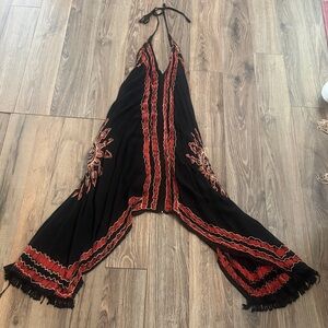 Long Black Halter A line Blouse with Red Embroidered Trim